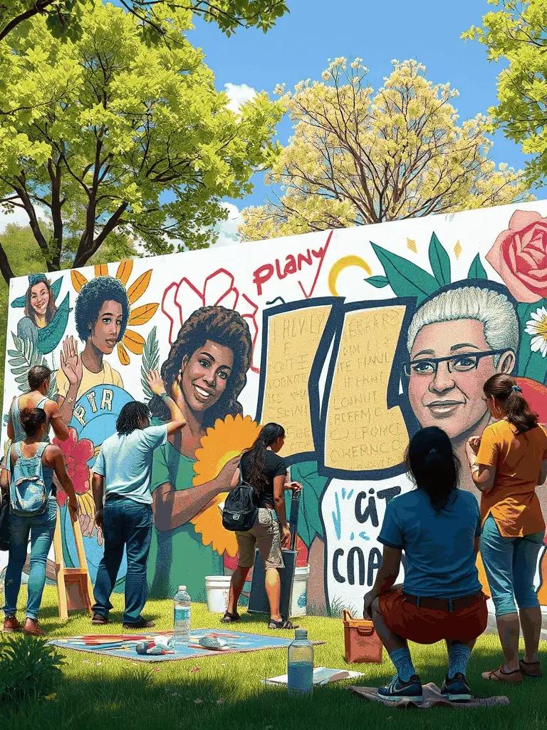 A collaborative art project in progress, with participants from different backgrounds working together, symbolizing citizen participation and community building.