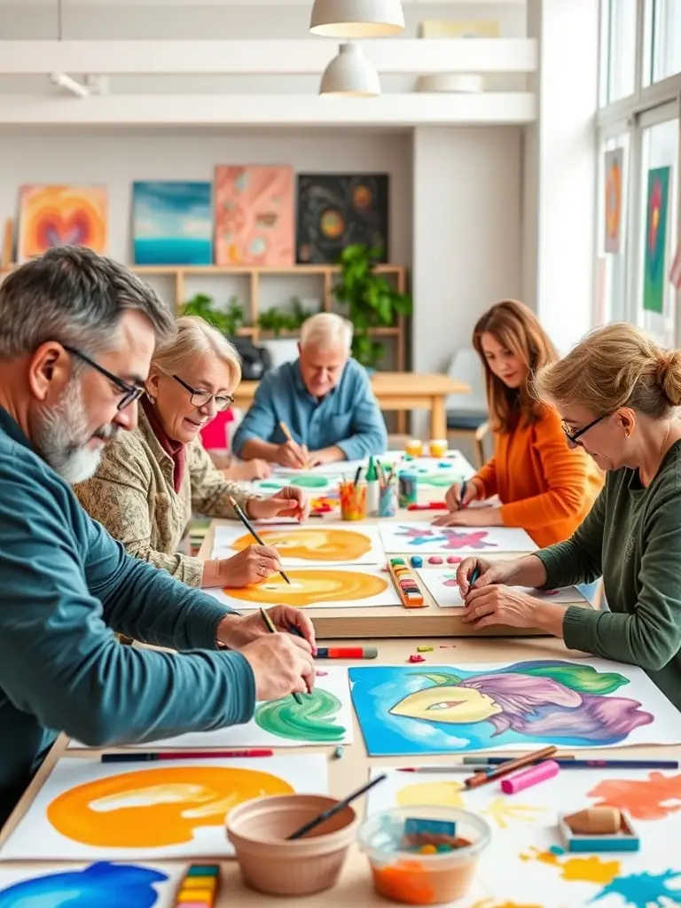 A diverse group of people participating in a community arts workshop, reflecting the organization's commitment to fostering creativity and intercultural exchange.