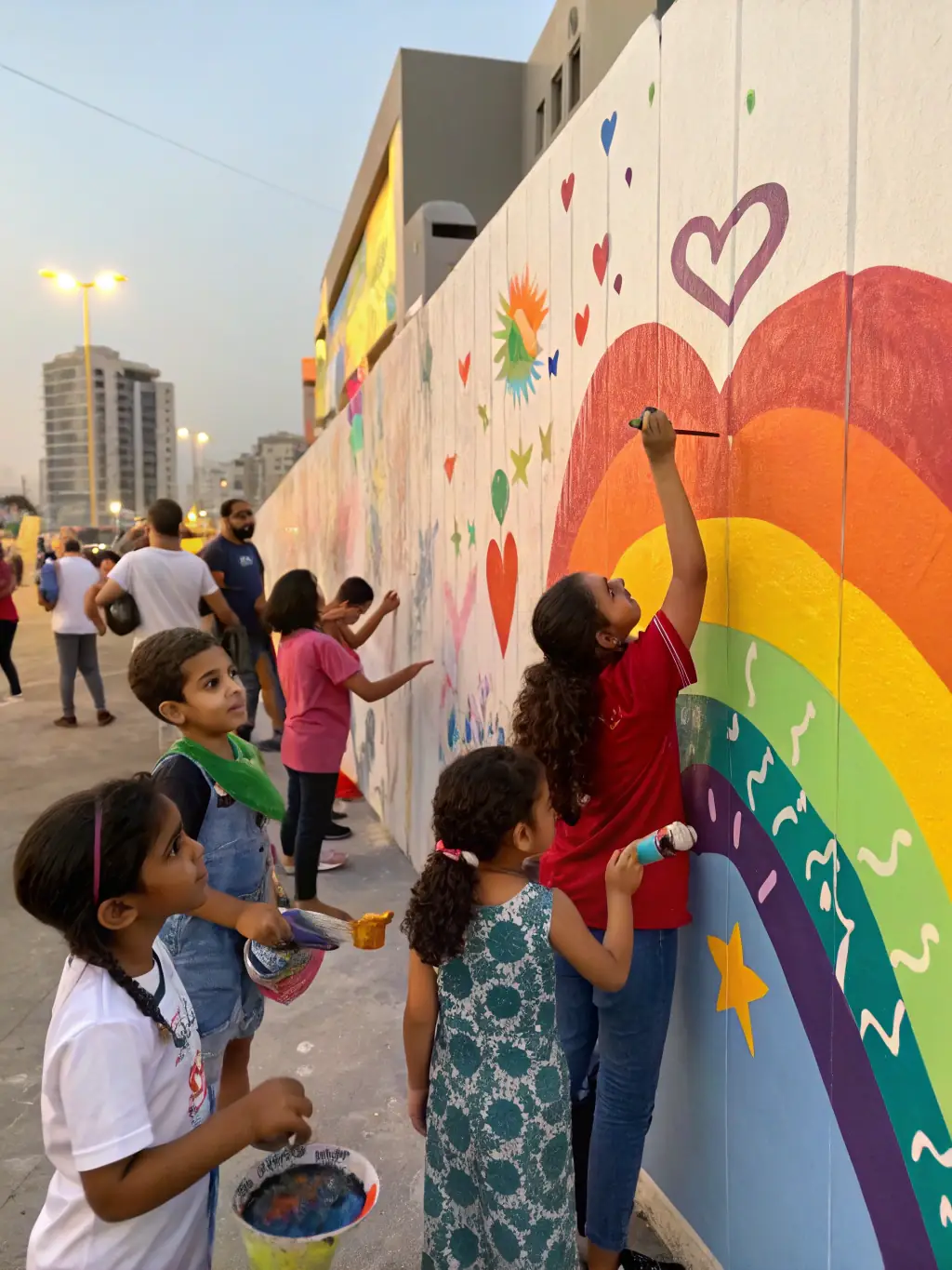 A photo of volunteers and members of LES PERCUS DU DIABLE LES PDD collaborating on a community art project, painting a mural with bright colors and meaningful symbols.