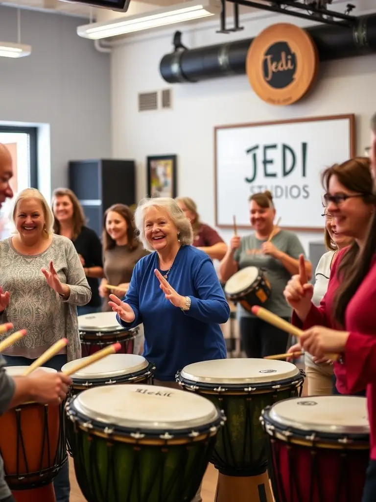 A lively image of a community workshop led by LES PERCUS DU DIABLE LES PDD, showing participants learning to play percussion instruments and engaging in creative expression.
