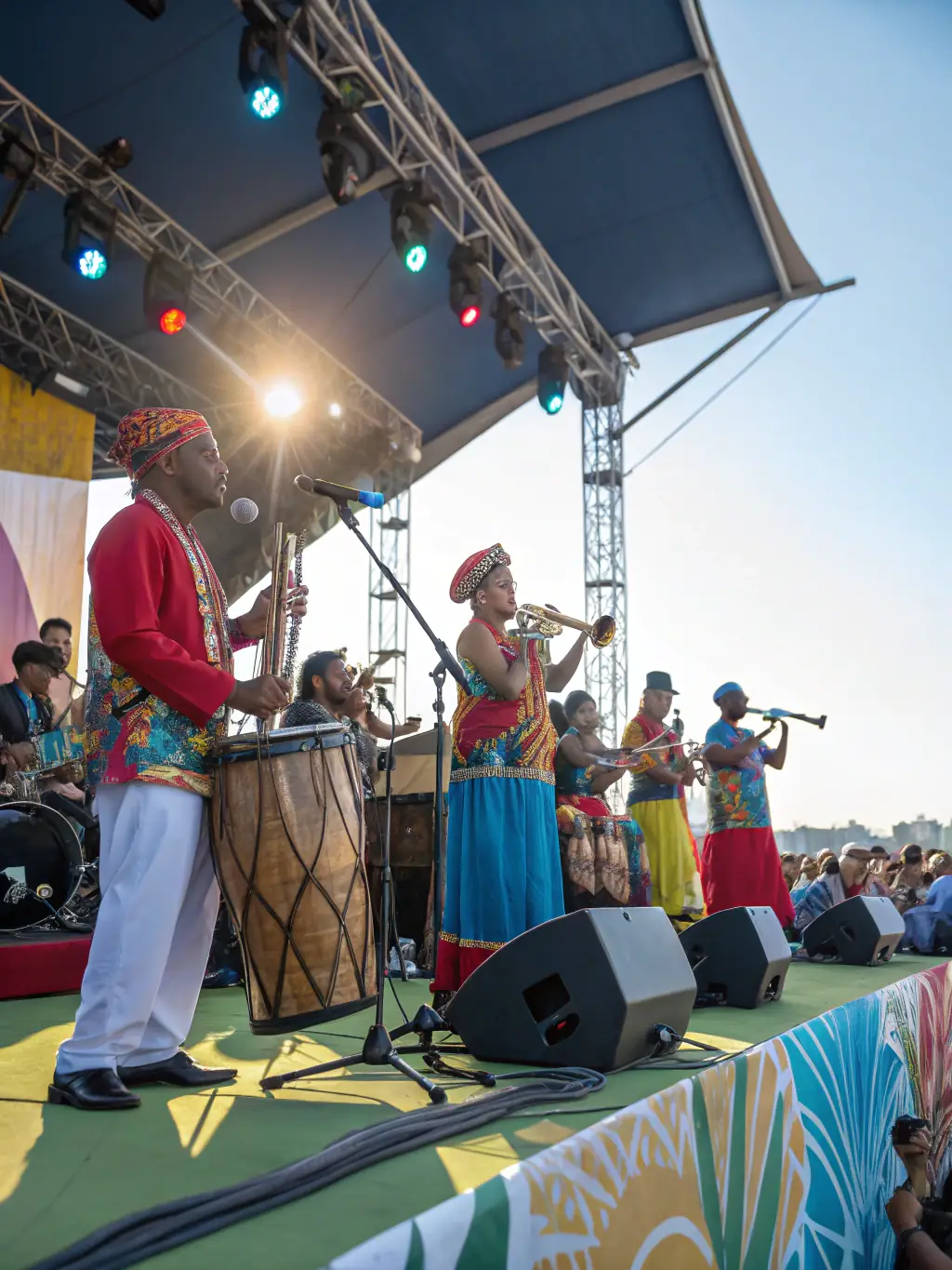 A vibrant photograph capturing a street performance by LES PERCUS DU DIABLE LES PDD, featuring musicians playing percussion instruments with enthusiastic audience members in the background.