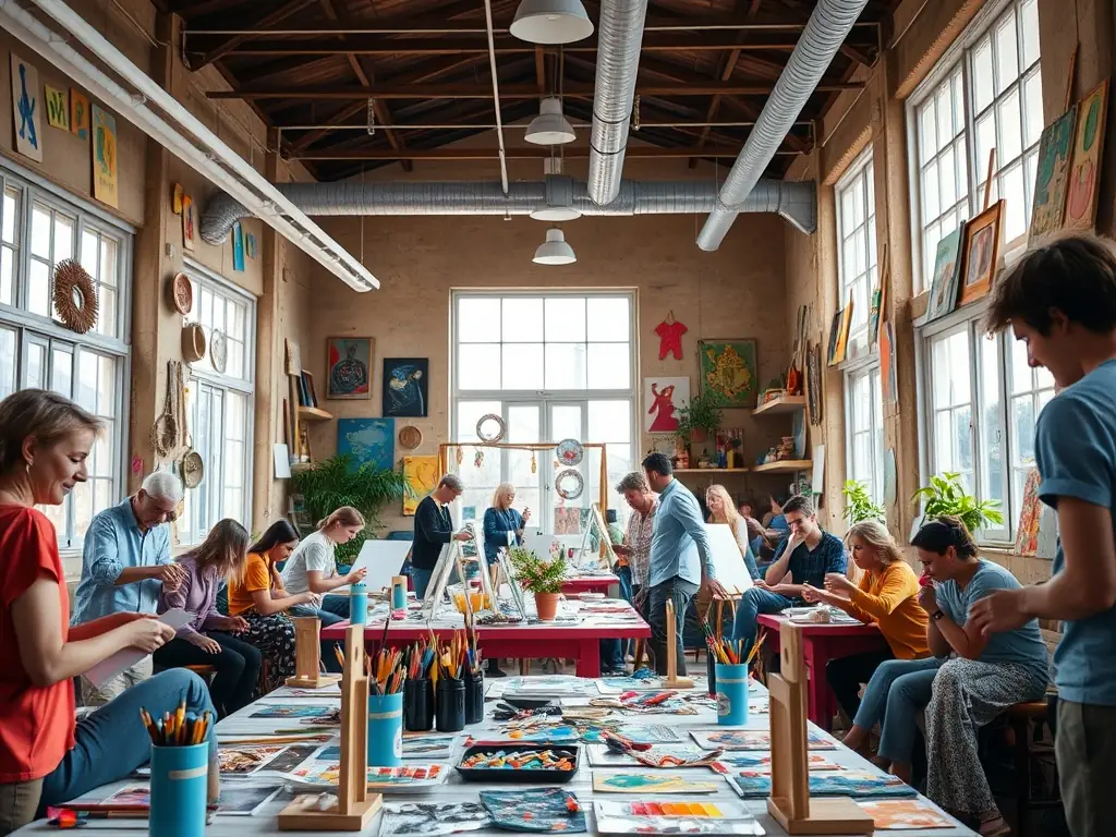 A workshop setting where participants are actively involved in a creative activity, demonstrating LES PERCUS DU DIABLE LES PDD's dedication to promoting creativity and citizen participation.