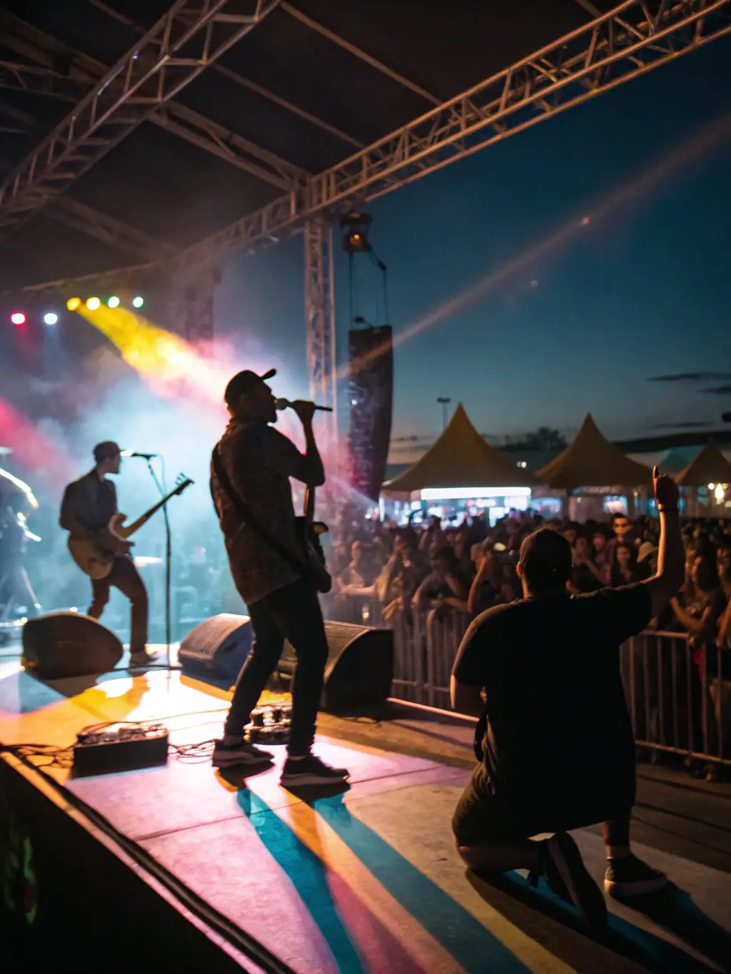 A dynamic image of a concert organized by LES PERCUS DU DIABLE LES PDD, showcasing a band on stage with colorful lighting and an energetic crowd.