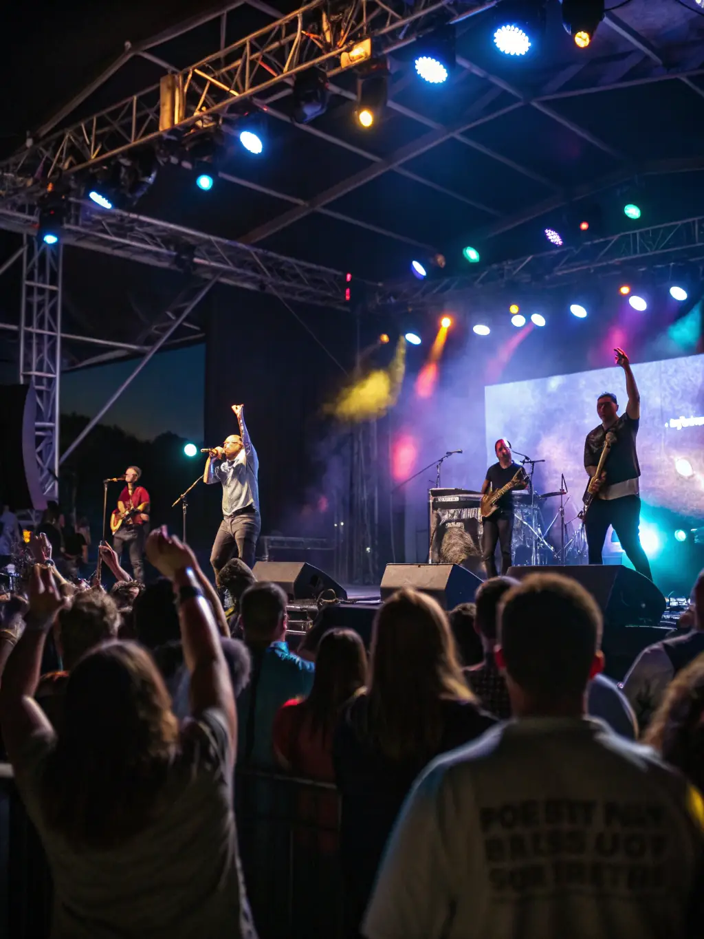 A dynamic image of a concert featuring LES PERCUS DU DIABLE LES PDD, highlighting the band members in action on stage with colorful lighting and enthusiastic audience.