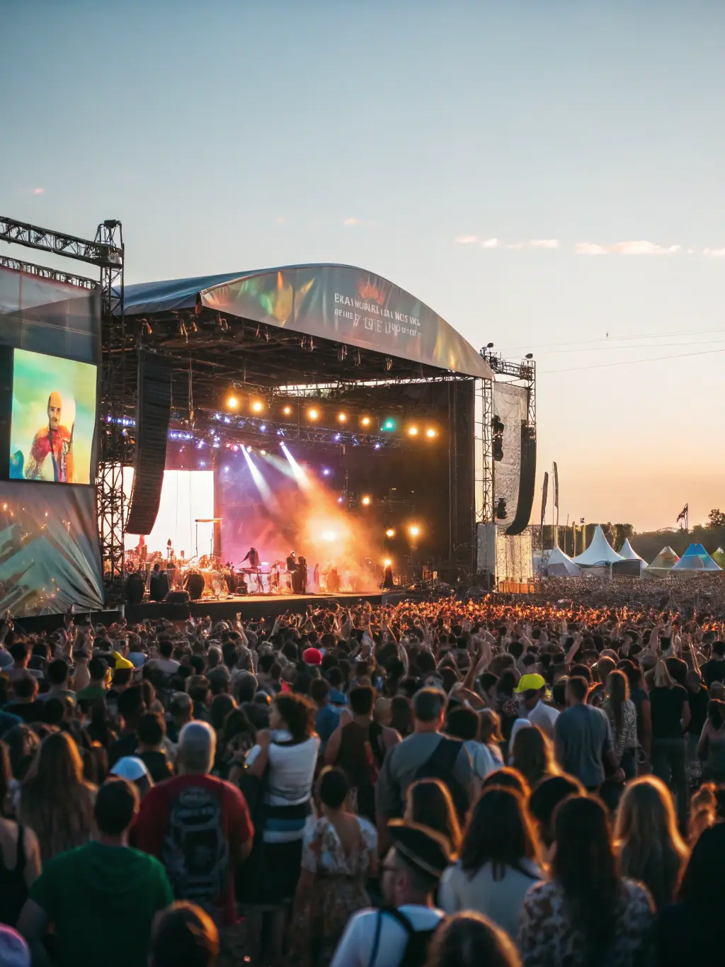 A stage during a music festival organized by LES PERCUS DU DIABLE LES PDD, showing a lively crowd enjoying the performance.