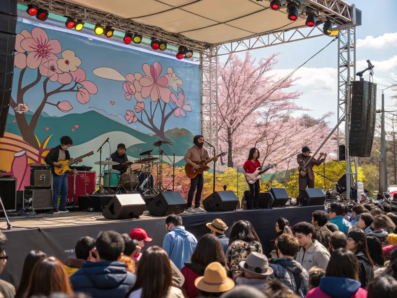 A dynamic concert scene with diverse musicians performing on stage, highlighting LES PERCUS DU DIABLE LES PDD's commitment to organizing accessible and inclusive cultural events.