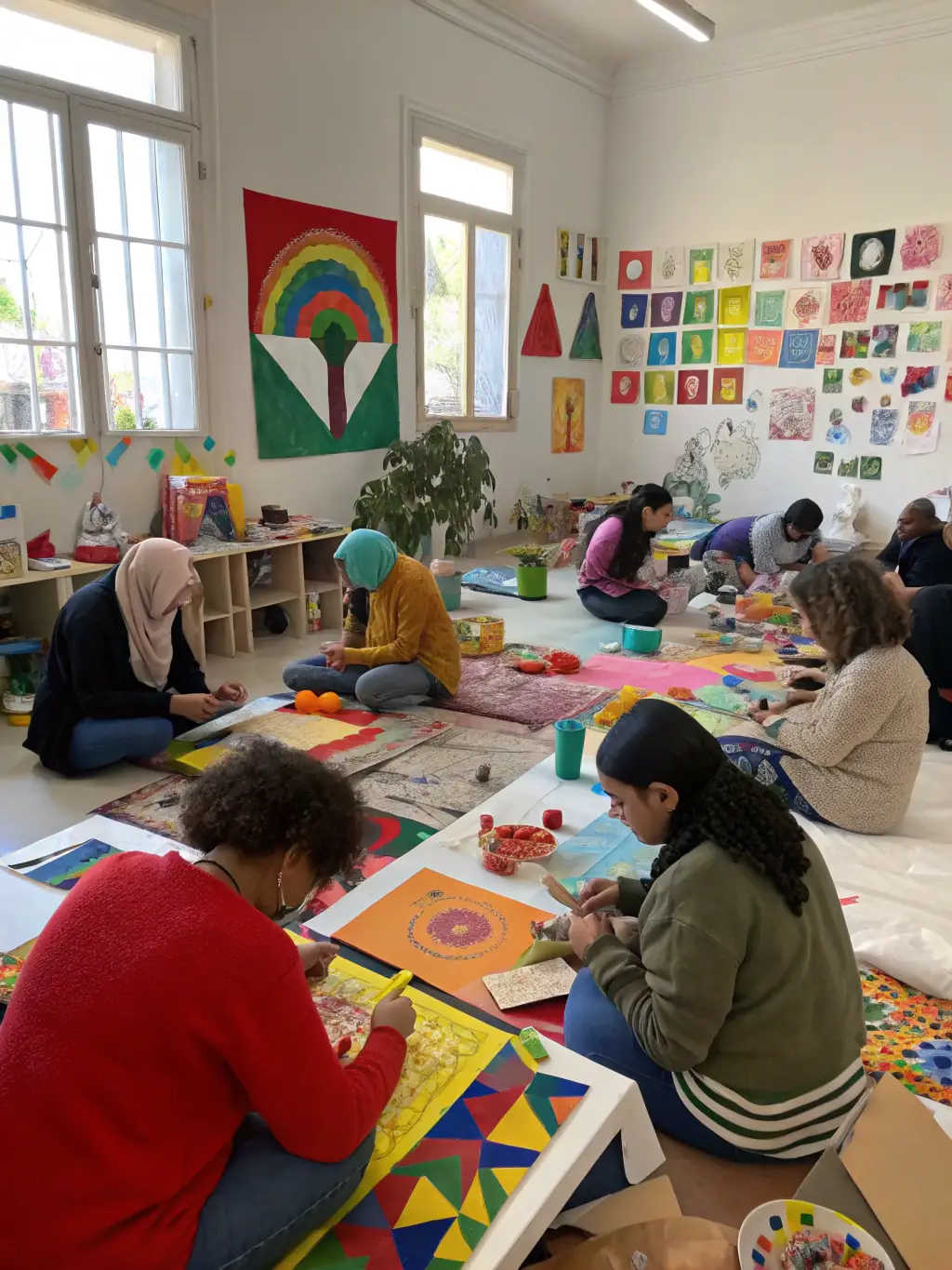 A photograph of a cultural workshop led by LES PERCUS DU DIABLE LES PDD, showing participants actively engaged in learning about music and art.